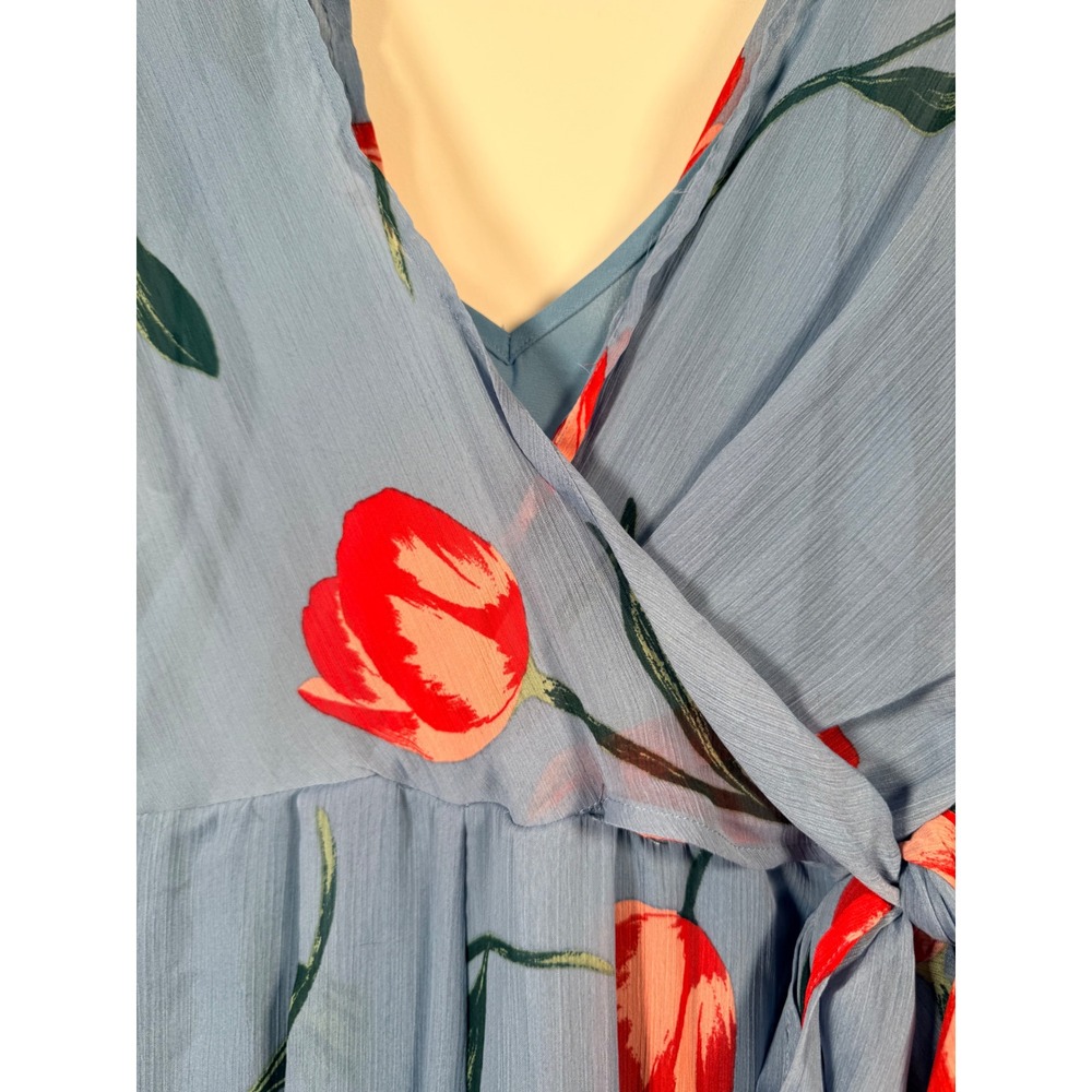 Lulus Light Blue Red Tulip Floral Wrap Front Wide Leg Jumpsuit Long Sleeve M - Picture 8 of 9
